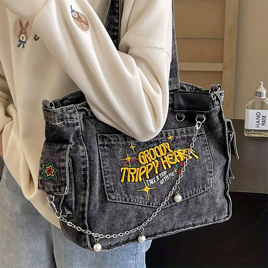 1pc Y2K Fashion Canvas Tote Bag, Preppy Dark Grey with Chain & Embroidery, Lightweight & Foldable, Zipper Closure, Polyester Lined, Adjustable Shoulder Strap, Large Capacity Crossbody School Bag