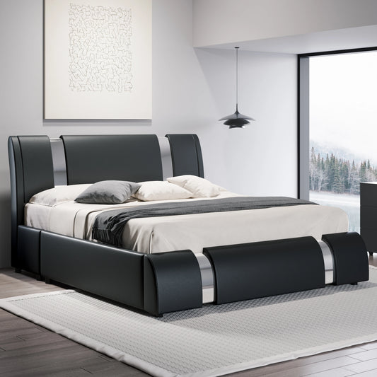 HOOMIC Modern Faux Leather Bed Frame with Iron Pieces Decor, Low Profile Platform Bed with Height-Adjustable Headboard
