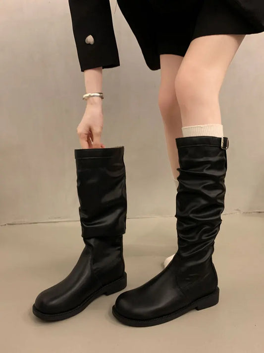 2025 Summer New Retro Thi Heel Mid-Calf Knight Boots Boots Women's oes Faionable Rubber Sole round Toe Pure Color