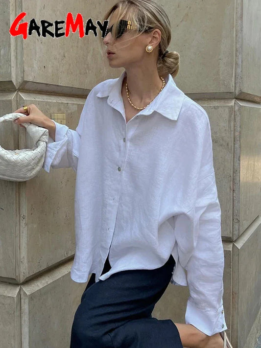 White Women's Linen Shirt Long Sleeve Elegant Pink Oversize Blouse Vintage Spring Basic Top Collar Cotton Linen Shirt for Women