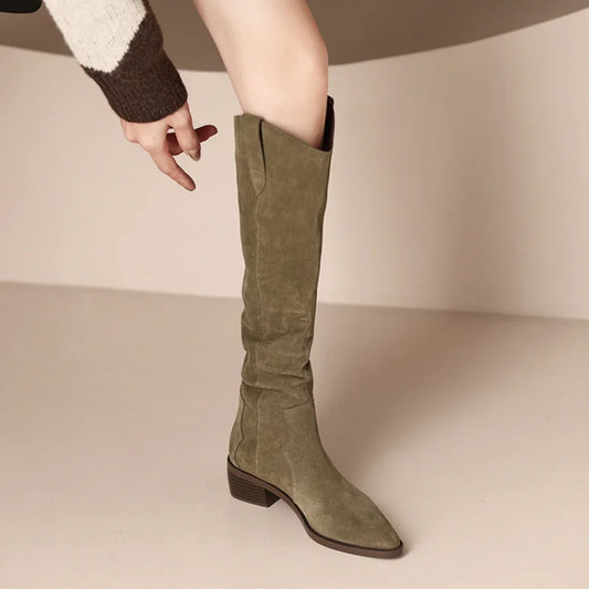2024 New Leather Women Round Toe Platform Knee High Boots Knight Boots Female Autumn and Winter Chunky High Heels Boots Winter