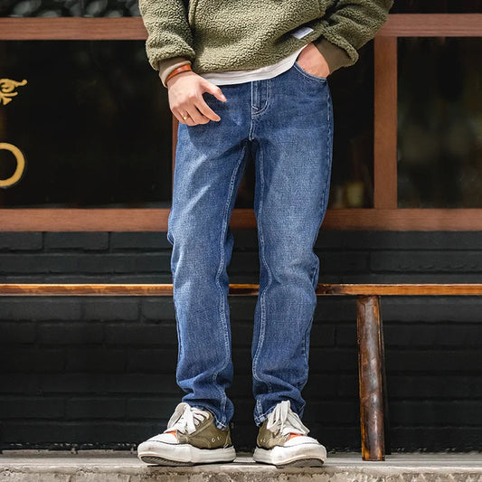 Maden Workwear American Retro Heavyweight Paris Button Denim Wash Straight Leg Jeans Mid Waist Long Pants Men's Autumn