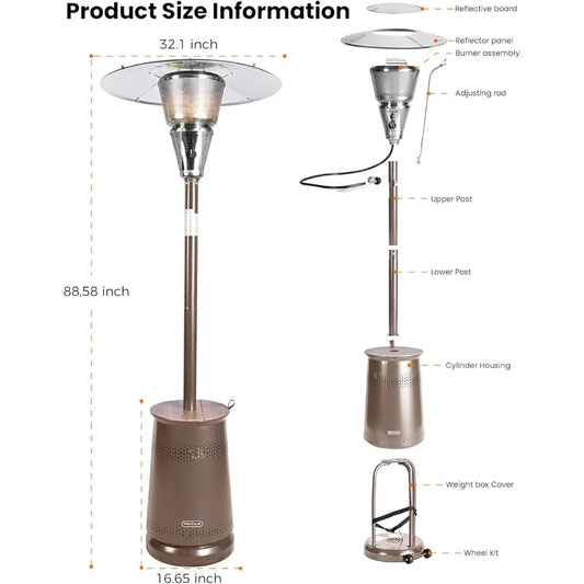 50000 BTU Patio Heater for Outdoor Use With Adjustable Heat Focusing Top Portable Propane Patio Heater with Wheels Stainless St