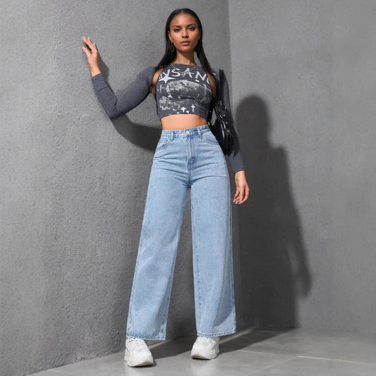 Jeans Women Vintage Wide Leg Pants Denims High Waist Washed Distressed Basics Straight Trousers 2025 Streetwear Floor Length