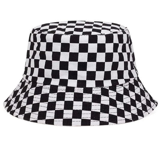 Unisex Black White Checkered Printing Personality Bucket Hats Fishermen Caps Outdoor Casual Cap Sunscreen Hat