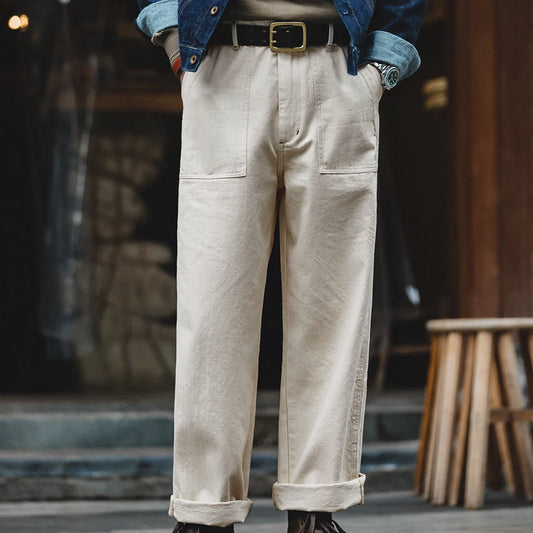 Maden Retro Cotton Seed Shell White Denim Jeans 11.2OZ Loose Straight Long Pants Cargo Pants Sweatpants Men Causal Trousers