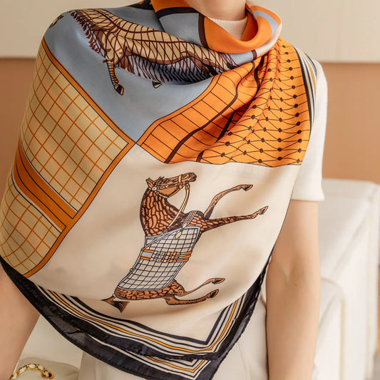 Luxury Horse Print Square Scarf Vintage Imitation Silk Shawl Scarf Women Windproof Outdoor Head Wrap 110*110cm