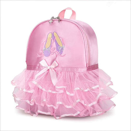 Chic Magenta Ballet Dance Backpack with Embroidered Shoes & Bow Detail - Lightweight, Foldable Nylon School Bag with Adjustable Straps, Zip Closure, and Laptop Compartment