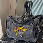 1pc Y2K Fashion Canvas Tote Bag, Preppy Dark Grey with Chain & Embroidery, Lightweight & Foldable, Zipper Closure, Polyester Lined, Adjustable Shoulder Strap, Large Capacity Crossbody School Bag