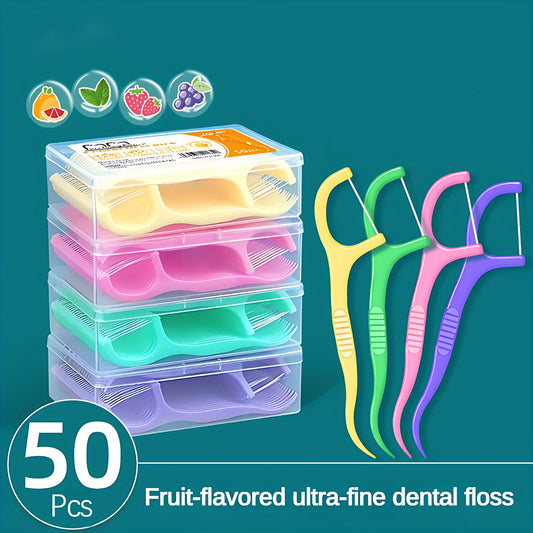 50pcs/box Fruit Flavor Dental Flosser Picks, Deep Cleaning Dental Floss For Proper Oral Care, Portable Disposable Hygienic Flosser For Travel Daily Life ! travel must have