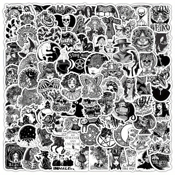 100pcs Gothic Black And White Graffiti Style Stickers Tablet Laptop Phone Case Refrigerator Skateboard Decorative Stickers Waterproof