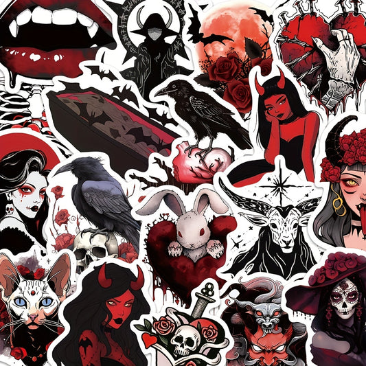 50pcs Red Horror Gothic Stickers, Halloween Stickers For Mobile Phone Case Laptop Water Cup, Waterproof Stickers