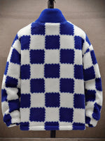 [Plush Winter Coat] Blue & White Plush Checkered Winter Coat | Men's Loose Fit, Stand Collar, Zip-Up Jacket with Drawstring Hood, Casual Style for Fall/Winter