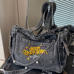 1pc Y2K Fashion Canvas Tote Bag, Preppy Dark Grey with Chain & Embroidery, Lightweight & Foldable, Zipper Closure, Polyester Lined, Adjustable Shoulder Strap, Large Capacity Crossbody School Bag