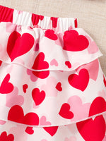 2pcs Toddler Girls Crisscross Halter Top & Heart Graphic Layered Hem Skirt Set Kids Summer Clothes
