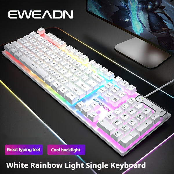 EWEADN Silent Wired Gaming Keyboard, 104-Key Full Size Rainbow LED Backlit, Quiet Typing, Plug & Play, Durable & Lightweight, Ideal for Gamers and Typists, Windows PC Laptop Office Home Use, White, Office Keyboard | Rainbow B