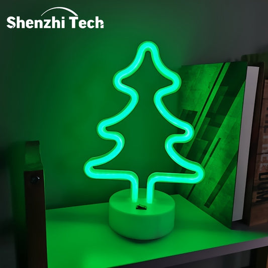 Shenzhi Tech LED Neon Christmas Tree Lamp, USB/Battery Dual Power, Non-Waterproof Push Button Wall/Tabletop Decorative Night Light for Home, Living Room, Bar, Party - PVC Lampshade, LED Lighting
