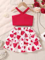 2pcs Toddler Girls Crisscross Halter Top & Heart Graphic Layered Hem Skirt Set Kids Summer Clothes
