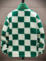 [Plush Winter Coat] Blue & White Plush Checkered Winter Coat | Men's Loose Fit, Stand Collar, Zip-Up Jacket with Drawstring Hood, Casual Style for Fall/Winter