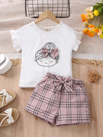 2pcs Girls Figure Graphic T-Shirts Round Neck Ruffle Sleeve Tees Top & Elastic Waist Bow Plaid Shorts Set Kids Summer Clothes