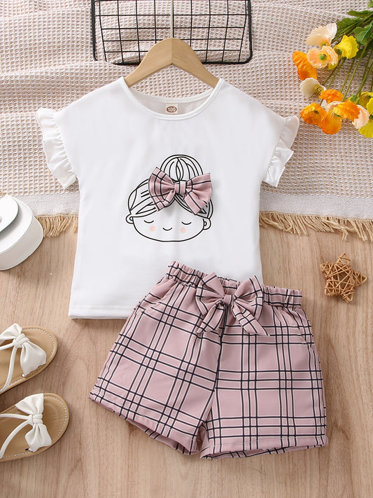 2pcs Girls Figure Graphic T-Shirts Round Neck Ruffle Sleeve Tees Top & Elastic Waist Bow Plaid Shorts Set Kids Summer Clothes