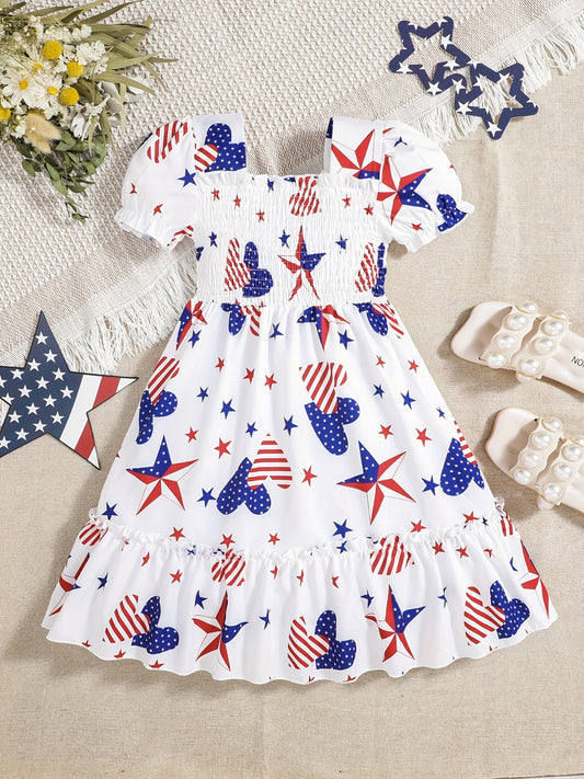Toddler Girls Puff Sleeve Frill Trim Shirred Striped Pentagram Heart Graphic Ruffled Hem Princess Dress For Independence Day Party Kids Summer Clothes
