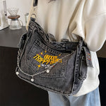 1pc Y2K Fashion Canvas Tote Bag, Preppy Dark Grey with Chain & Embroidery, Lightweight & Foldable, Zipper Closure, Polyester Lined, Adjustable Shoulder Strap, Large Capacity Crossbody School Bag