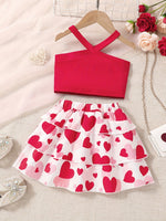 2pcs Toddler Girls Crisscross Halter Top & Heart Graphic Layered Hem Skirt Set Kids Summer Clothes