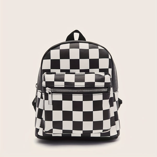 Checkered Backpack For Women, Mini Faux Leather Daypack, Plaid Pattern Travel School Bag