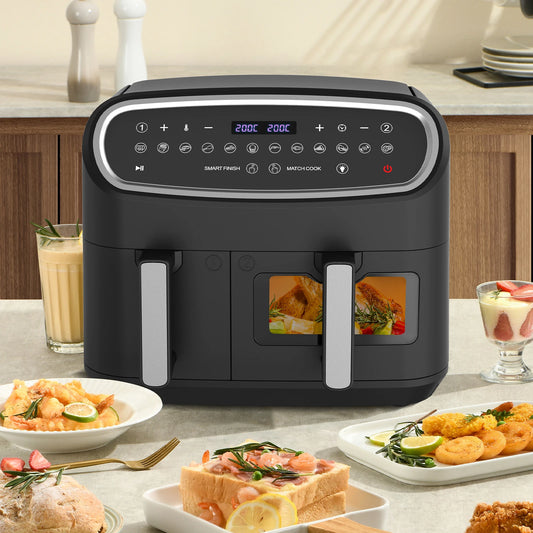 XXL Dual Zone Air Fryer 10L (6L+4L) – 2800W, 12 Preset Programs, LED Display, Preheat Function & Viewing Window