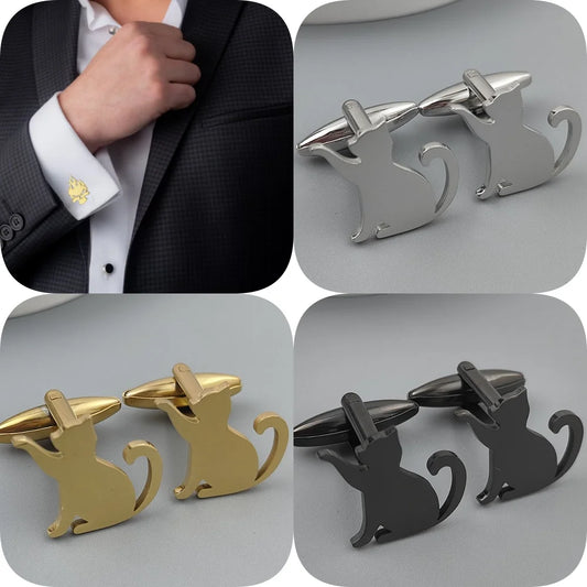 Charming punk kitten stainless steel 18K gold-plated cufflinks, silver French shirt buttons, suit wedding accessories