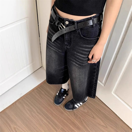 High Waist Black Retro Washed Denim Shorts Women's Harajuku Vintage Fashion Casual Loose Y2K Streetwear Mid Long Wide Leg Pants