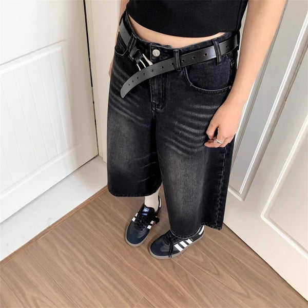 High Waist Black Retro Washed Denim Shorts Women's Harajuku Vintage Fashion Casual Loose Y2K Streetwear Mid Long Wide Leg Pants