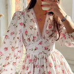 Women Floral Print Mini Dress High Waist A-Line Summer Autumn Long Sleeve V Neck Dresses Vintage Beach Vacation Casual Vestidos