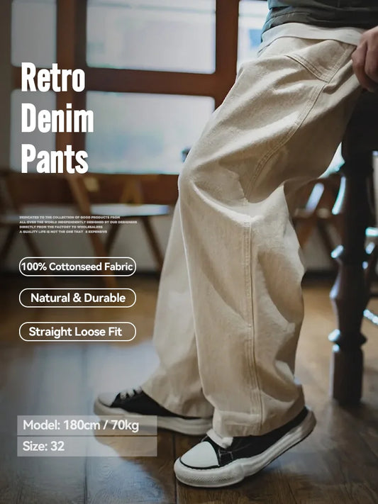 Maden Retro Cotton Seed Shell White Denim Jeans 11.2OZ Loose Straight Long Pants Cargo Pants Sweatpants Men Causal Trousers