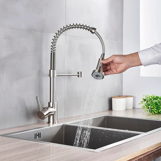 Faucet Spring Pull-Out Sprayer Kitchen Faucets Swivel Nozzle Sink Mixer Taps Hot Cold Water Ceramic Valve Dual-Use Single Holes