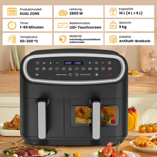 XXL Dual Zone Air Fryer 10L (6L+4L) – 2800W, 12 Preset Programs, LED Display, Preheat Function & Viewing Window