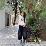 High Waist Black Retro Washed Denim Shorts Women's Harajuku Vintage Fashion Casual Loose Y2K Streetwear Mid Long Wide Leg Pants