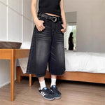 High Waist Black Retro Washed Denim Shorts Women's Harajuku Vintage Fashion Casual Loose Y2K Streetwear Mid Long Wide Leg Pants