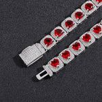 10mm Heart Shaped Rock Sugar Chain Personalized Red Diamond Tennis Necklace with Heart CZ Hip Hop Style Fashion Chain for Women