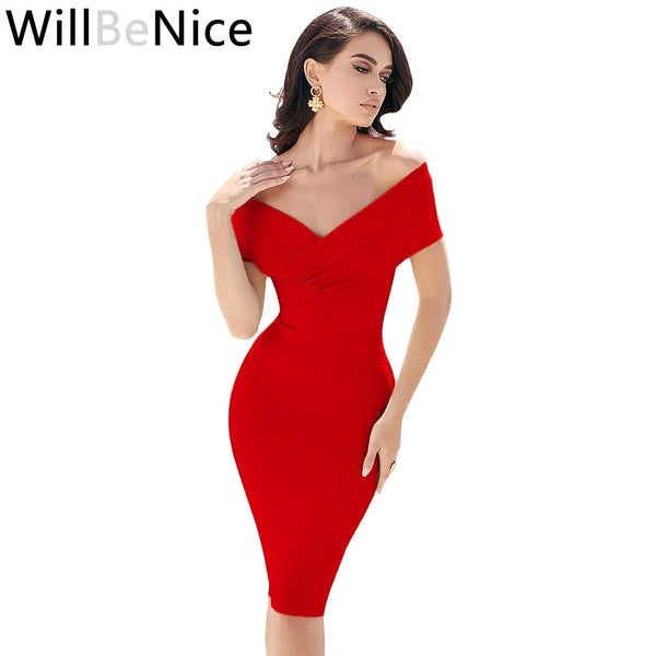 Willbenice Women Sexy Bandage Red Dress Vintage White Maxi Off Shoulder Lady White Celebrity Party Club Bodycon Dresses Vestidos