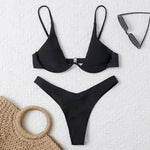 Sexy Underwire Bikini 2024 Mujer Women Solid Red Push Up Bra Thong Swimsuit Haler V Neck Bathing Suit Mini Micro Thong Swimwear