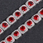 10mm Heart Shaped Rock Sugar Chain Personalized Red Diamond Tennis Necklace with Heart CZ Hip Hop Style Fashion Chain for Women