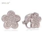 GRACE JUN New Flower Clip on Earrings No Pierced Gorgeous Bride Wedding AAA Cubic Zircon  No Hole Earrings High Quality Ear Clip