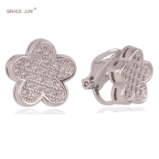 GRACE JUN New Flower Clip on Earrings No Pierced Gorgeous Bride Wedding AAA Cubic Zircon  No Hole Earrings High Quality Ear Clip