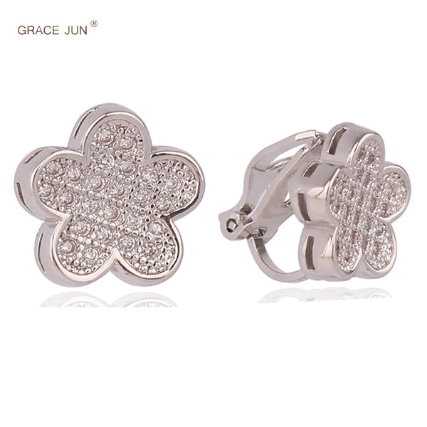 GRACE JUN New Flower Clip on Earrings No Pierced Gorgeous Bride Wedding AAA Cubic Zircon  No Hole Earrings High Quality Ear Clip