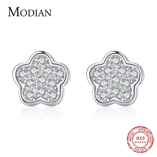 Modian Simple Full CZ Stud Earrings Fashion 925 Sterling Silver Flower Lovely Earring For Women Girls Party Accessories Jewelry