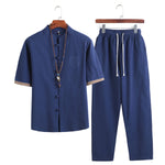 Mens Linen Sets 2023 Summer Men Streetwear Jogger Shirts+Long Pants Male Chinese Style 2 Pieces Hanfu Tracksuit Tang Suit 5Xl