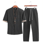Mens Linen Sets 2023 Summer Men Streetwear Jogger Shirts+Long Pants Male Chinese Style 2 Pieces Hanfu Tracksuit Tang Suit 5Xl