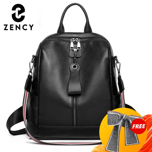 Zency Soft Genuine Leather Backpack Casual Large Capacity Women Knapsack Leather Rucksack Shoulder Bag Black Purse Sac